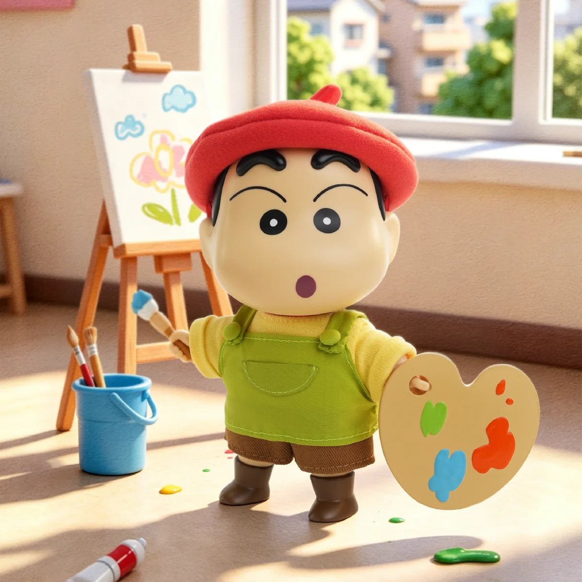 Crayon Shinchan Vintage OOTD — Shin-chan wearing a red beret and green overalls, holding a paint palette