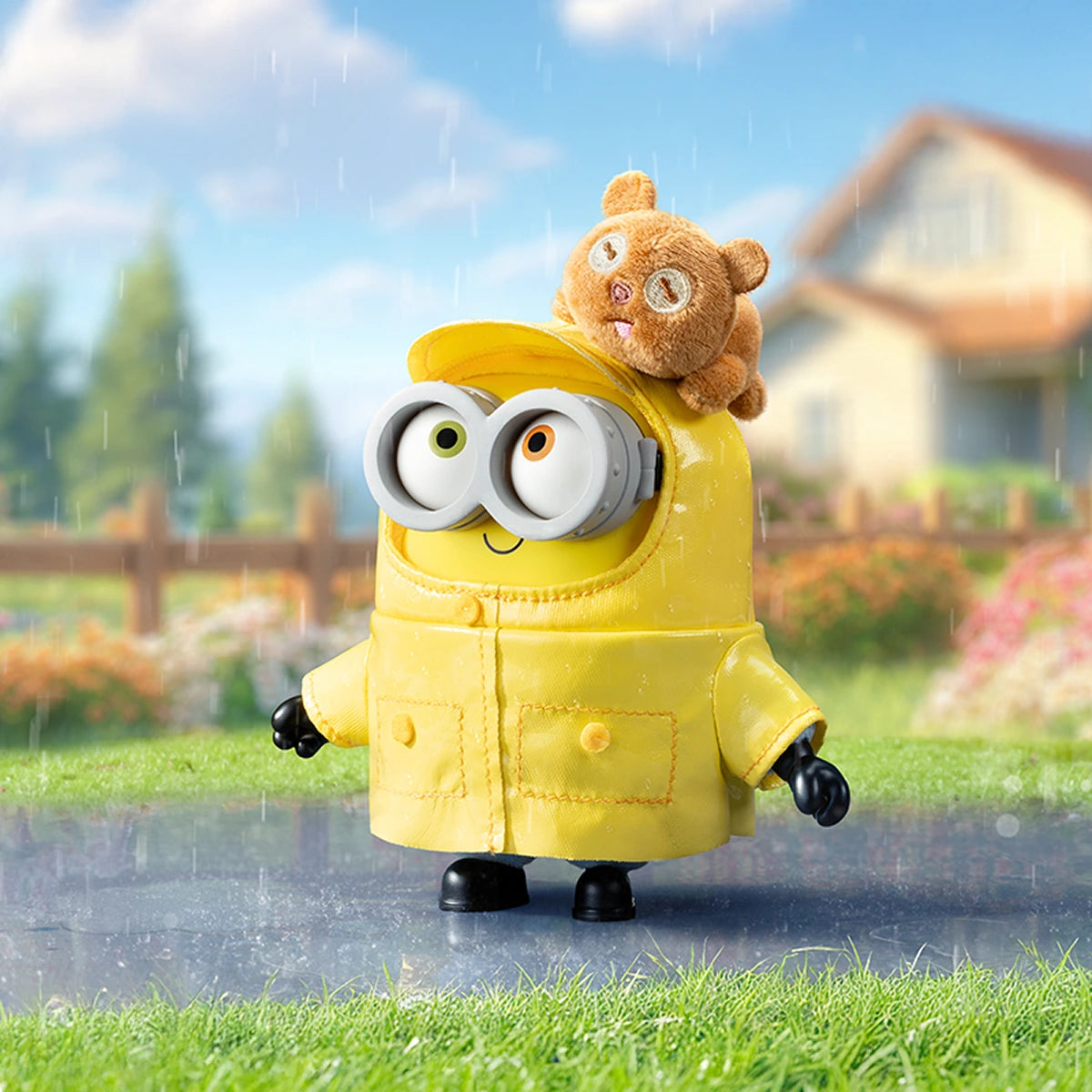 Rain Lover Minion Bob in a yellow raincoat with bear Tim on the hood, BOB & TIM Best Buddies Forever