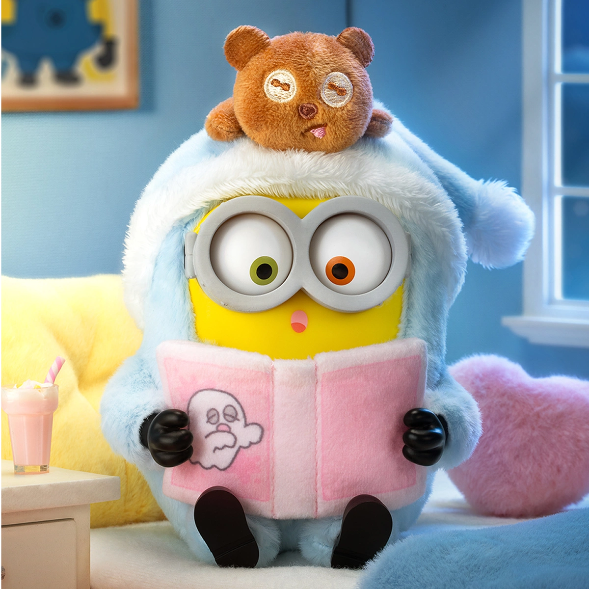 Bed Time Stories Minion Bob in blue reading a picture book with bear Tim on head, BOB & TIM Best Buddies Forever