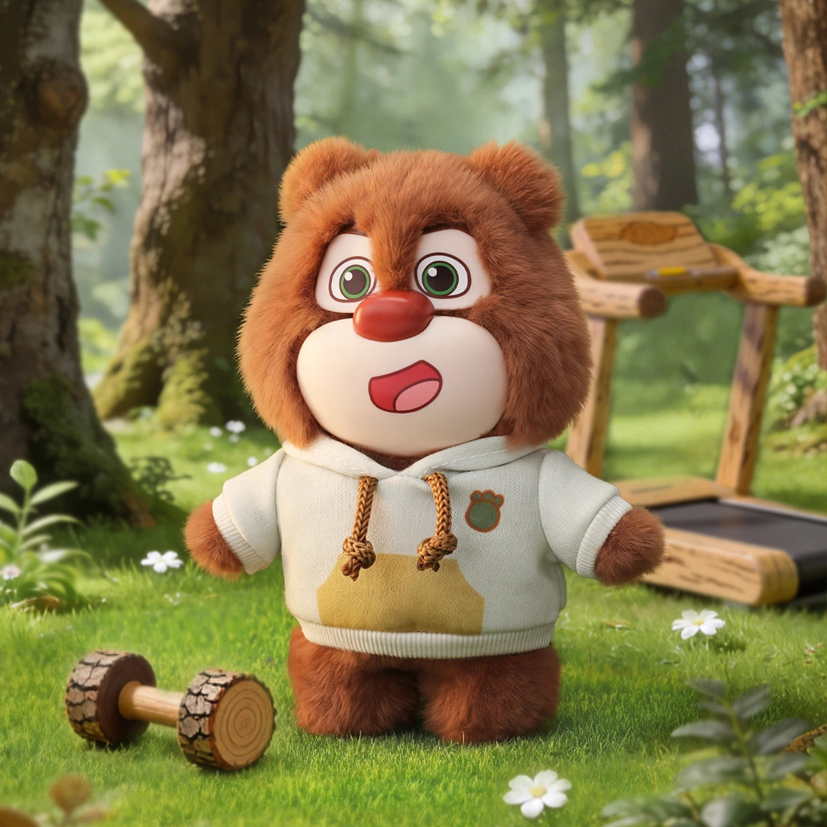 Sporty Fresh: brown Briar bear in cream hoodie with a wooden dumbbell, Boonie Bears Fashion Week