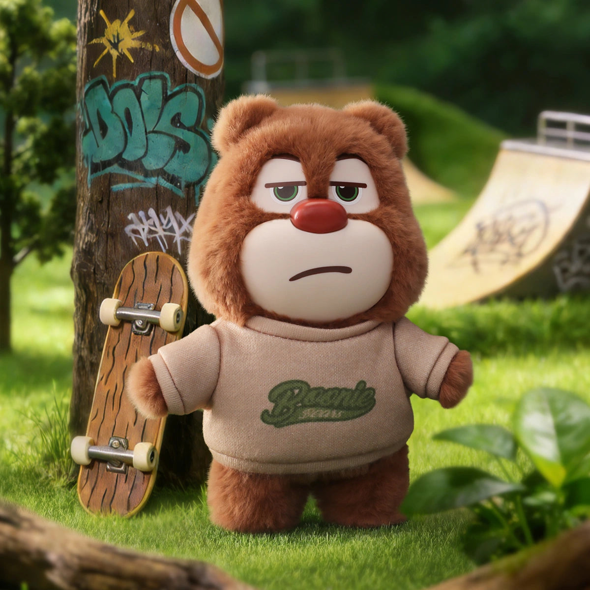 Urban Swag: brown Briar bear in beige Boonie sweatshirt by a skateboard, Boonie Bears Fashion Week