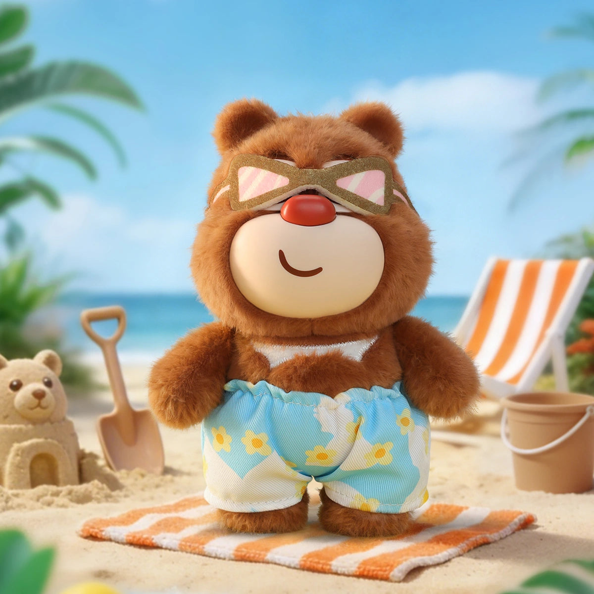 Sunny Beach: brown Briar bear in gold sunglasses and floral shorts on a beach, Boonie Bears Fashion Week
