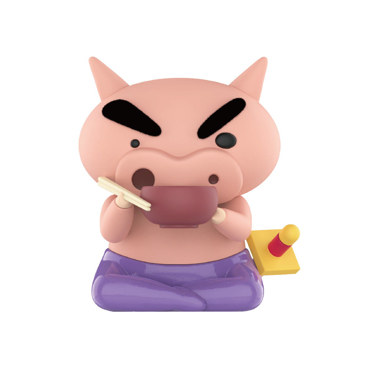 Time to Eat pig eating from a brown bowl with chopsticks, yellow sword at side, Buriburizaemon's Daily Life