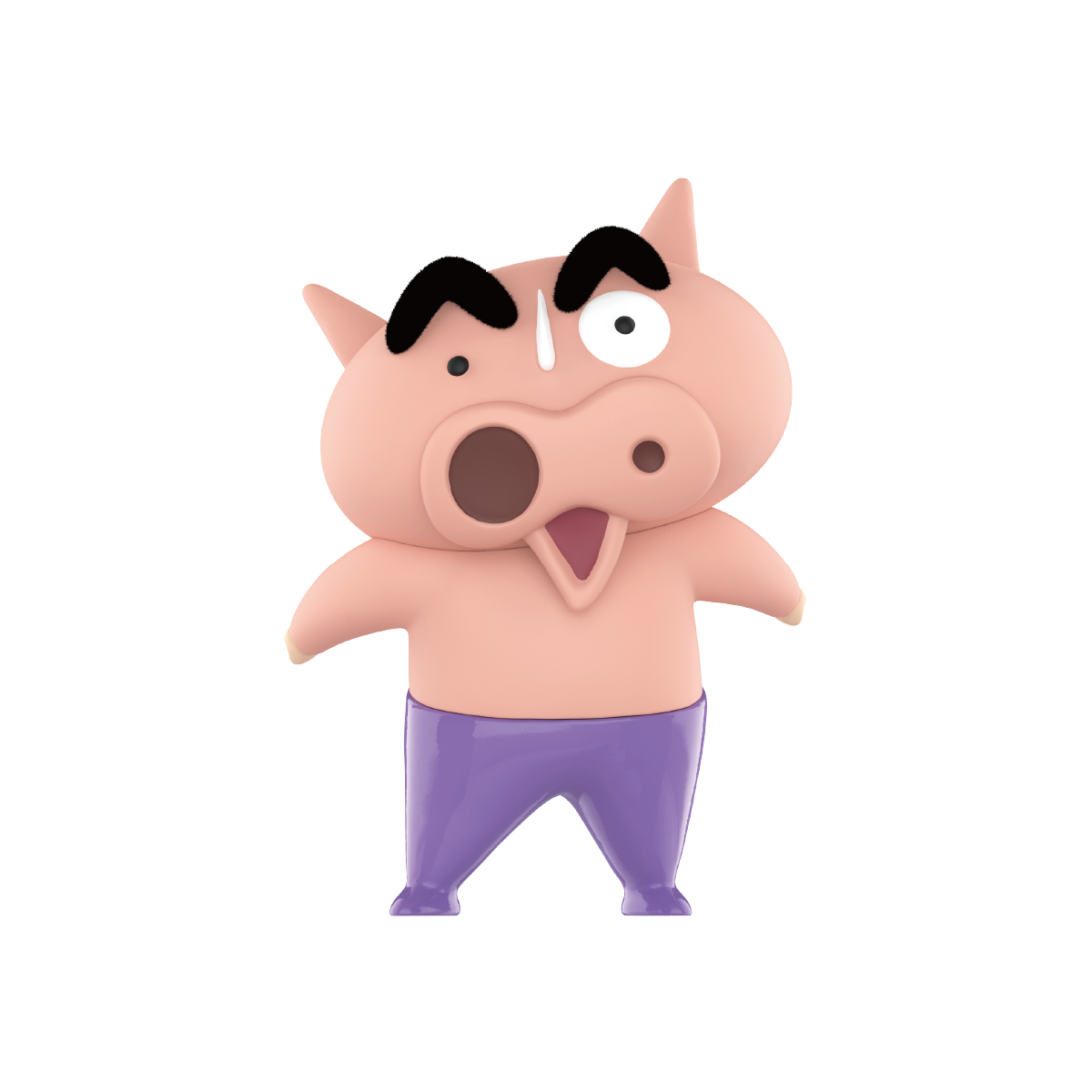 Shocked pig with bulging asymmetrical eyes and arms out, purple pants, Buriburizaemon's Daily Life