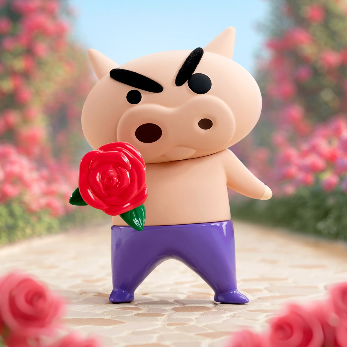 Giving Flowers pig hero holding a red rose on a rose-lined path, Buriburizaemon's Daily Life