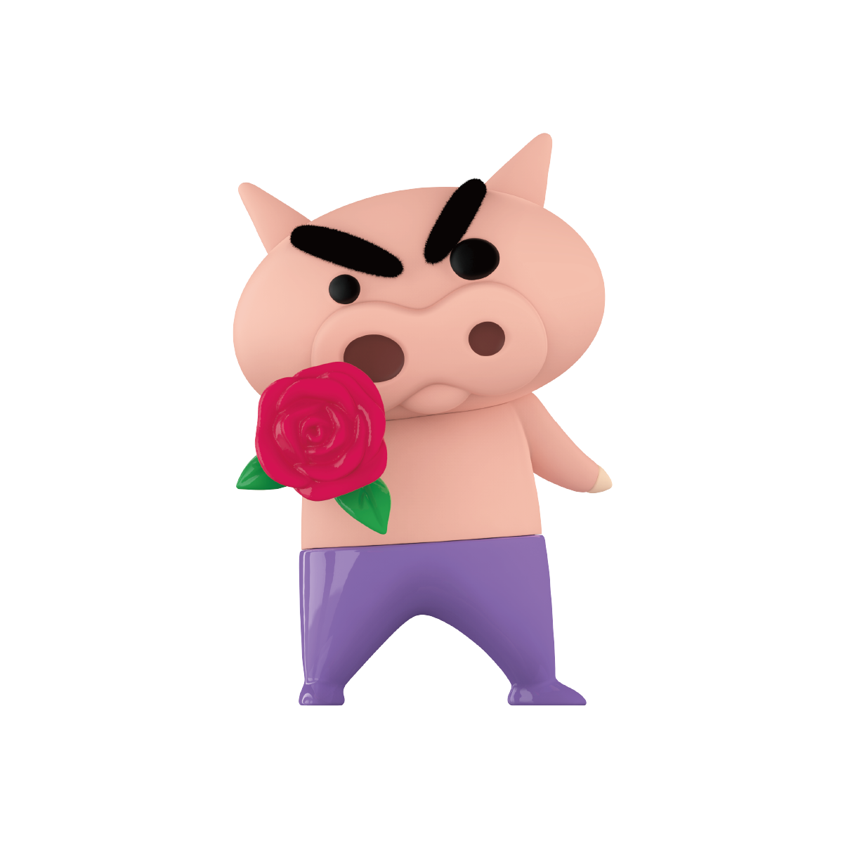 Giving Flowers angry-browed pig hero holding a single red rose, purple pants, Buriburizaemon's Daily Life