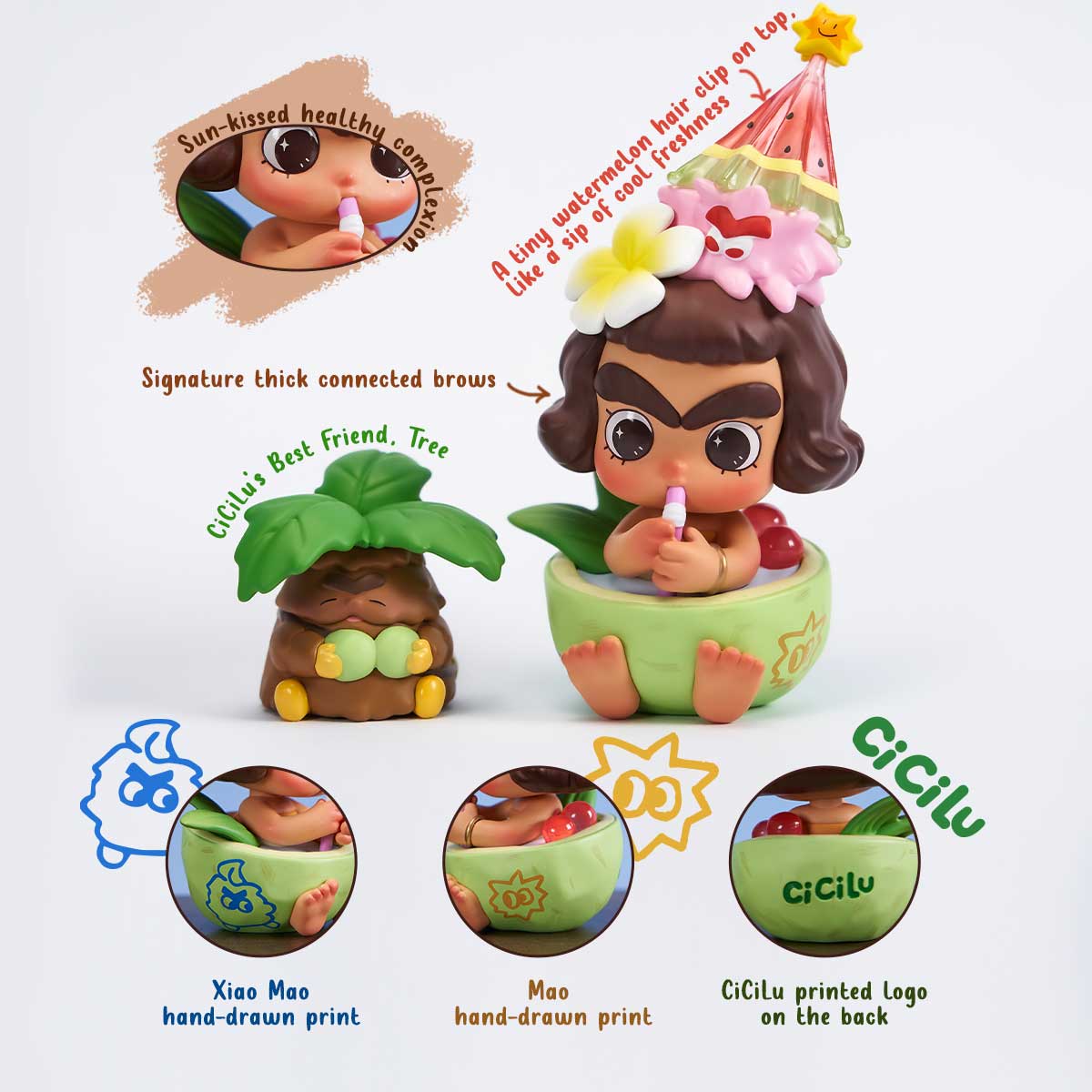 Detail callouts of hair clip, brows and hand-drawn prints, Cicilu Coconut Delight Figure