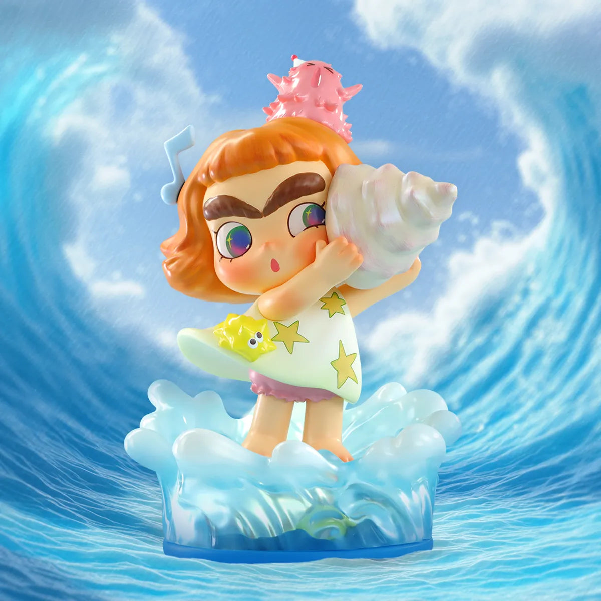 CiCiLu Echo of the Sea figure with conch shell and pink urchin on a cresting wave