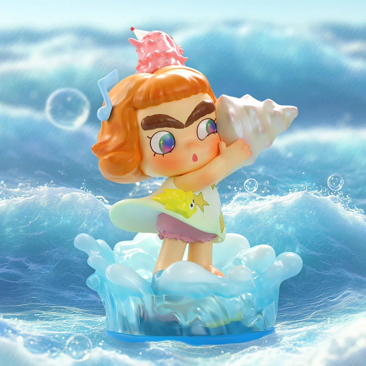 CiCiLu Echo of the Sea figure in starry dress holding a conch over ocean waves