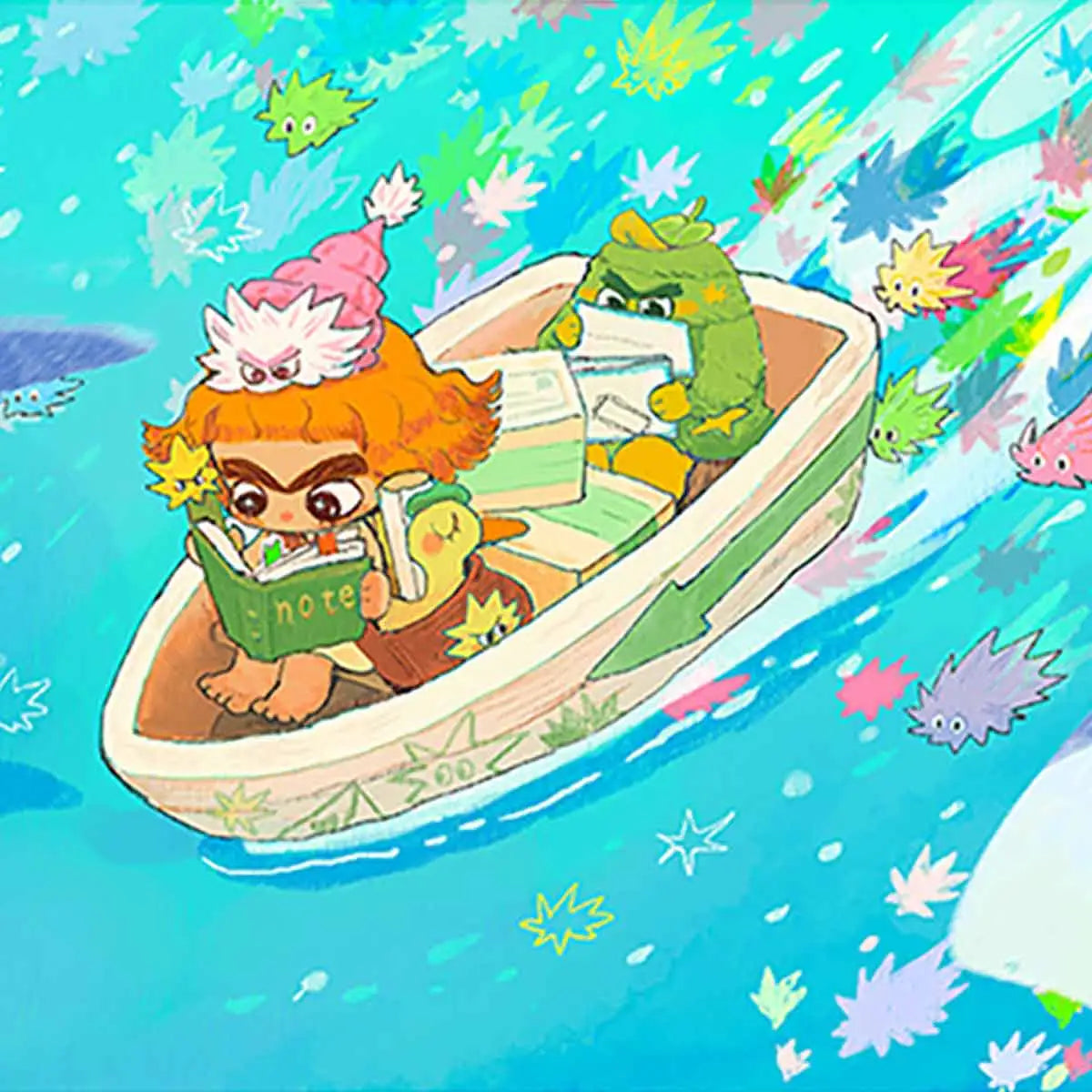 Illustration of CICILU sailing her Drifting Boat through colorful sea urchins to deliver letters