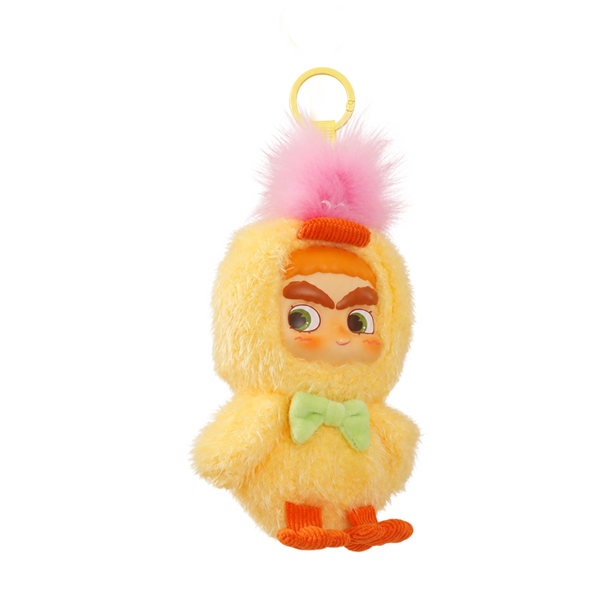 CICILU Huggy Ducky plush keychain in a fuzzy yellow duck hood with pink feather tuft and green bow, by 52TOYS