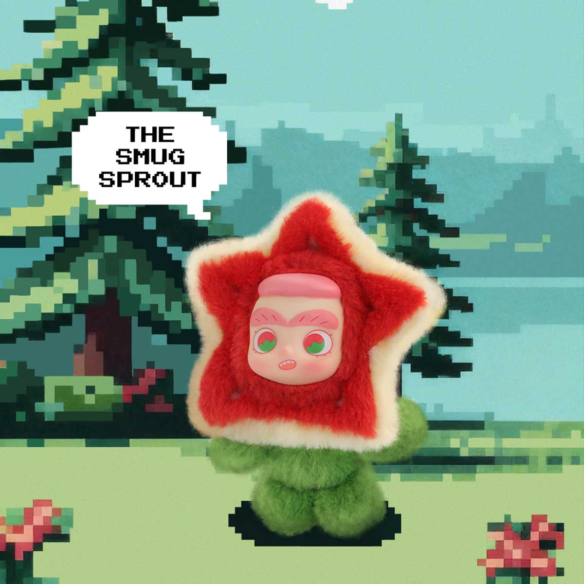 CiCiLu The Smug Sprout plush wearing a red flower costume