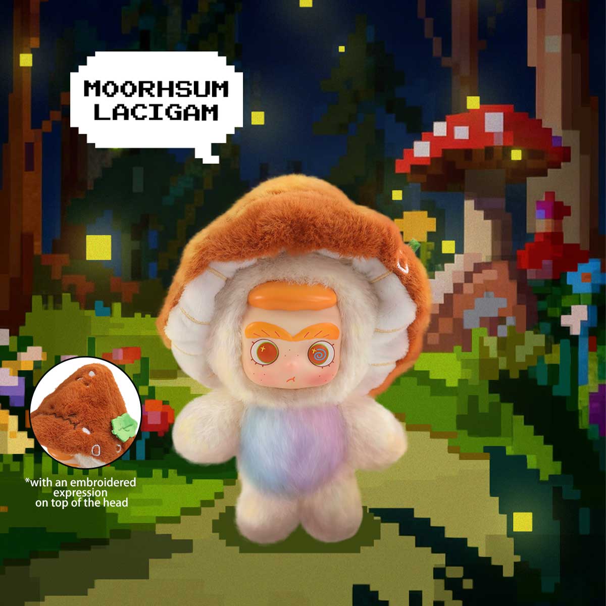 CiCiLu secret Moorhsm Lacigam plush in a white mushroom costume with embroidered cap