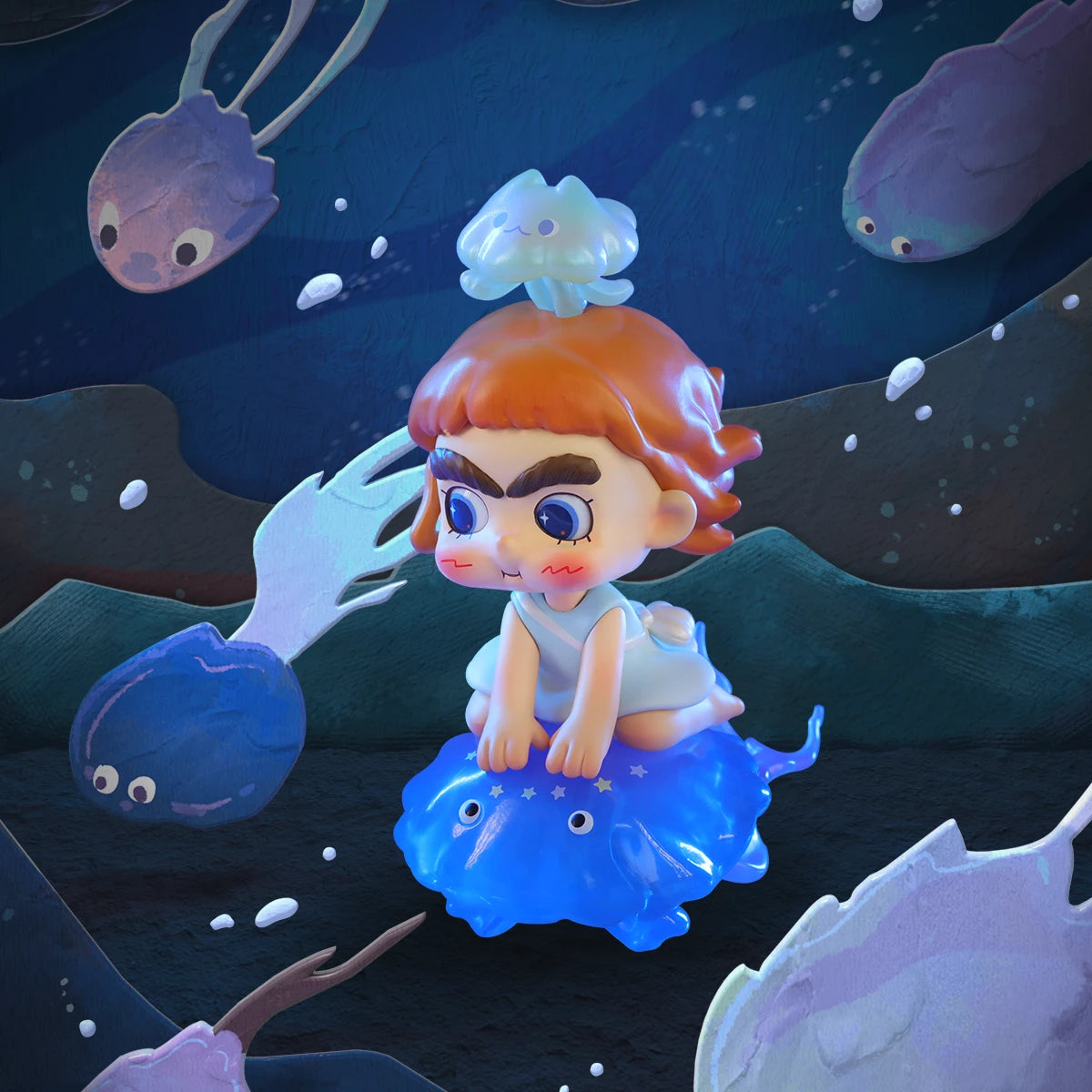 Glow in the Flow CICILU seated on a glowing blue jellyfish in the deep sea, CICILU Ocean Messenger