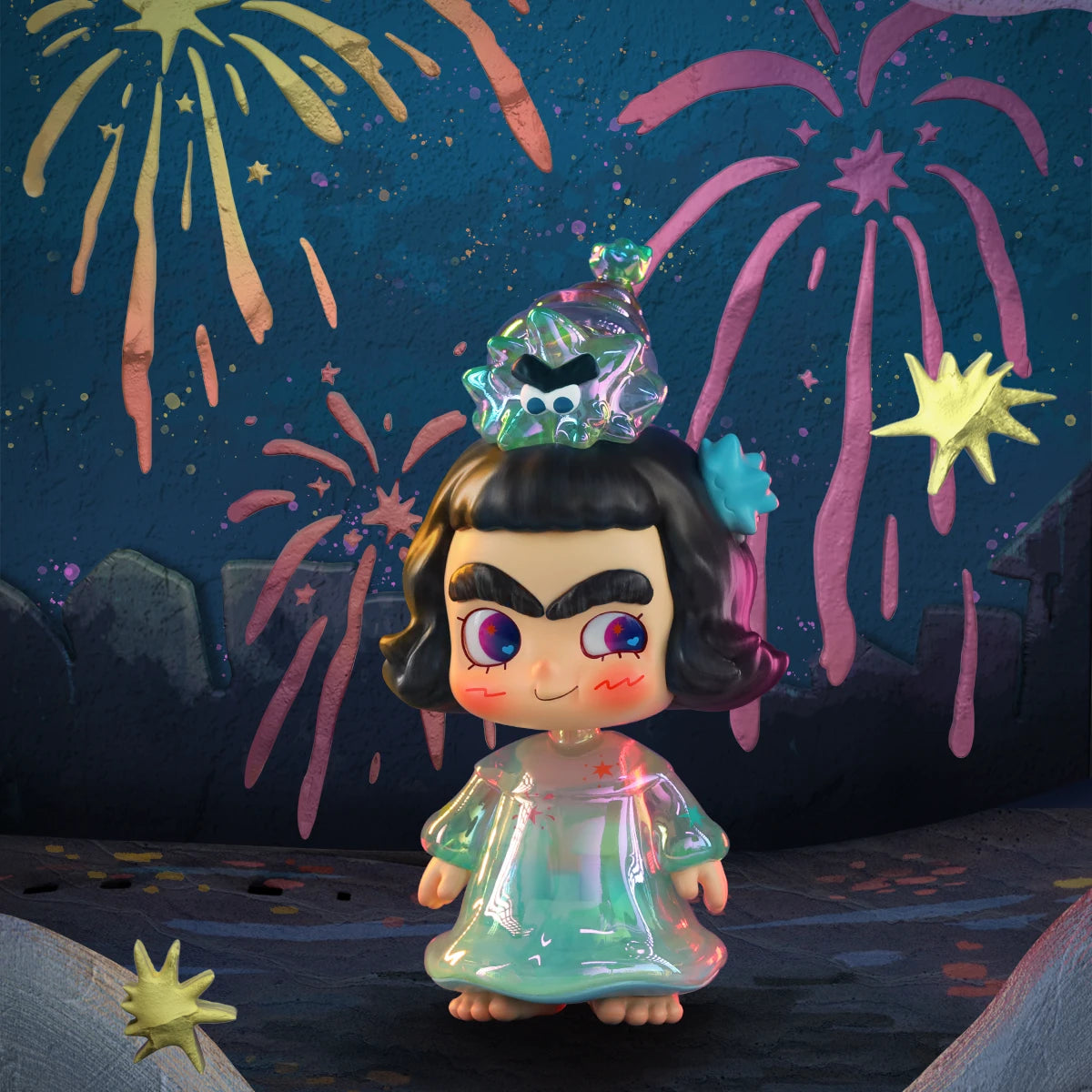 Twinkleboom Town secret CICILU in a teal electroplated dress against fireworks, CICILU Ocean Messenger