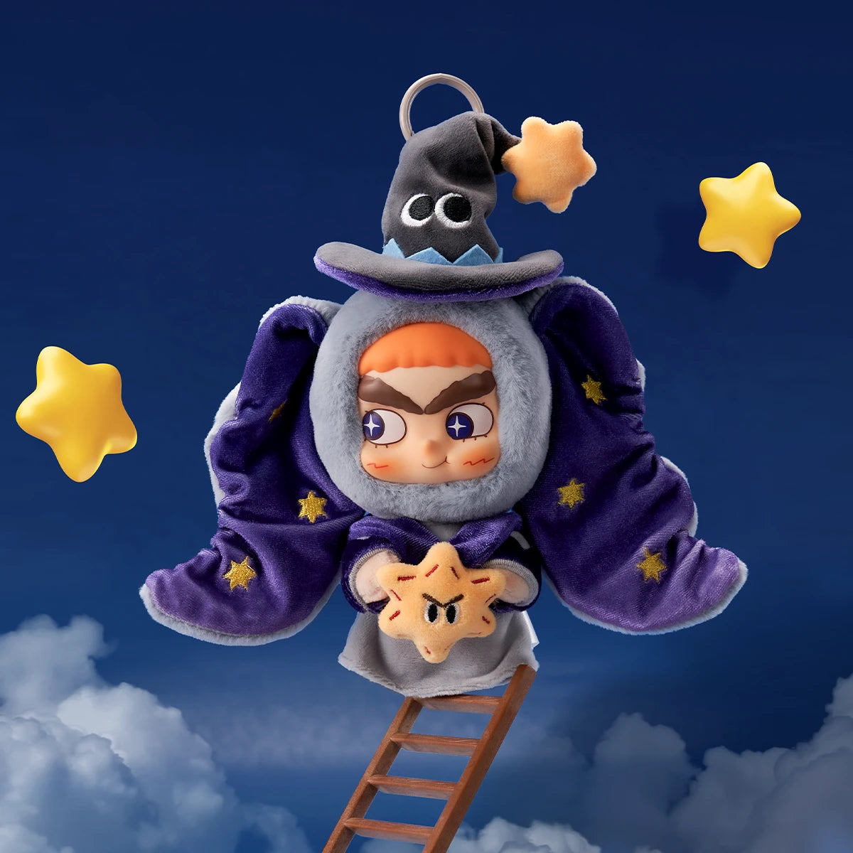 CiCiLu Star Elephant plush keychain on a sky ladder among glowing stars, night magic series by 52TOYS