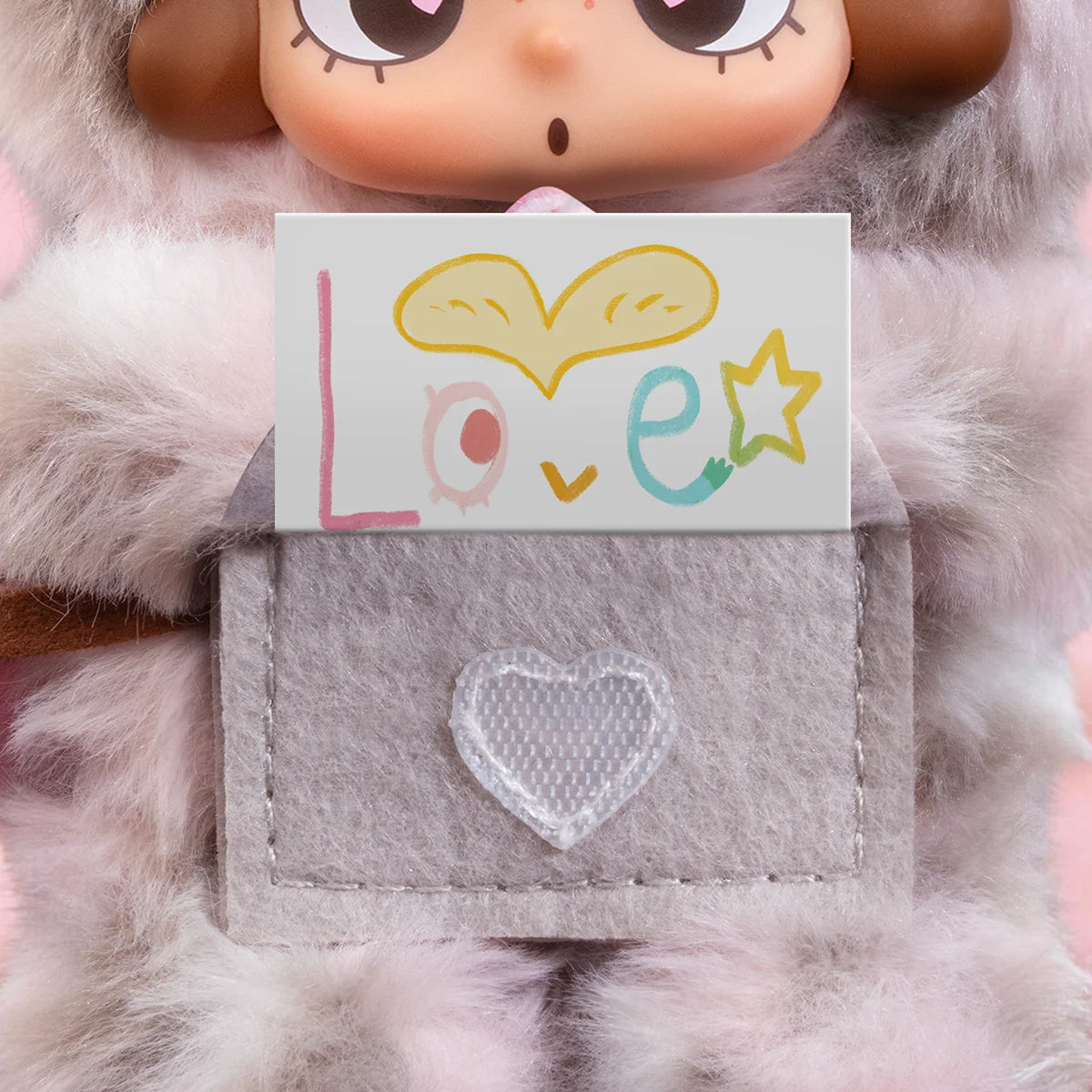 CiCiLu messenger plush chest envelope pocket revealing a hand-drawn Love card