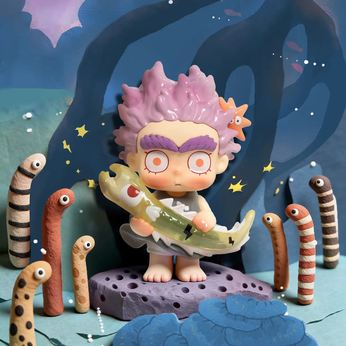Zap! Eel-ectrifying secret figure with purple firework hair holding a green eel among eels, CiCiLu The Tide Shop