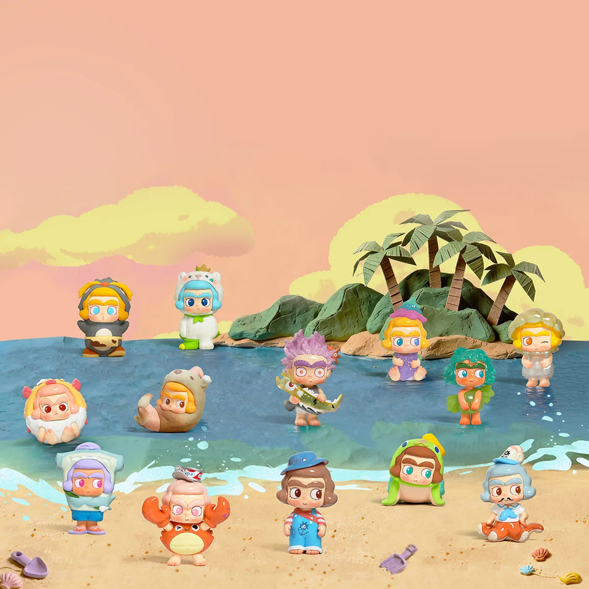 Full set of thirteen ocean-themed CiCiLu The Tide Shop figures posed on a sunset beach, blind box