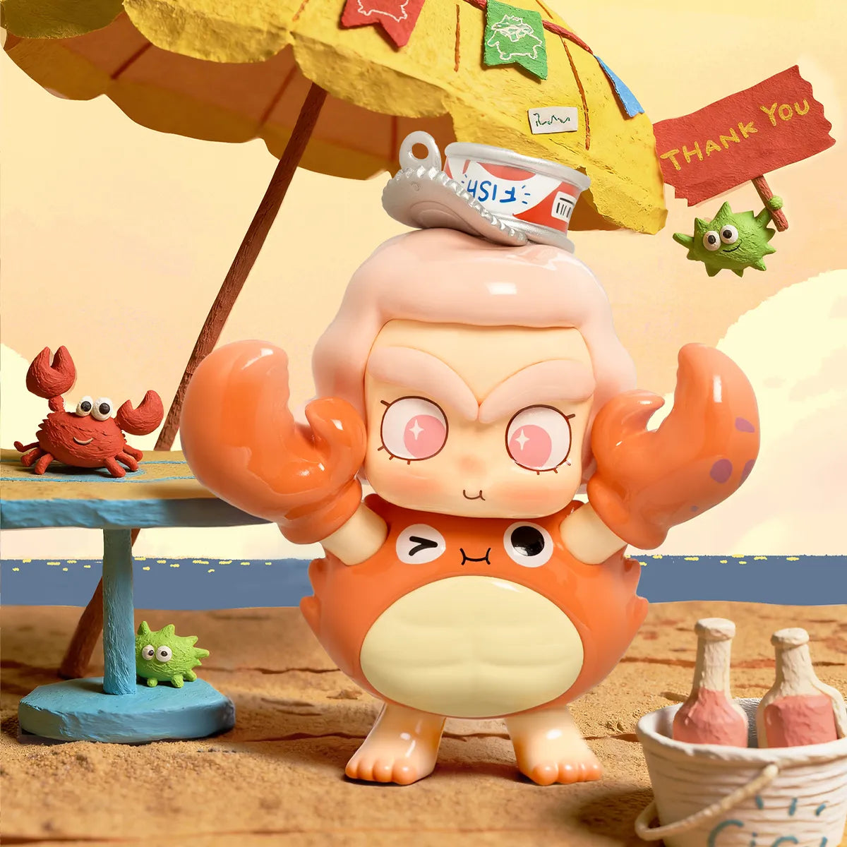 Crabbing You greeter in orange crab shell with big claws under a beach umbrella, CiCiLu The Tide Shop