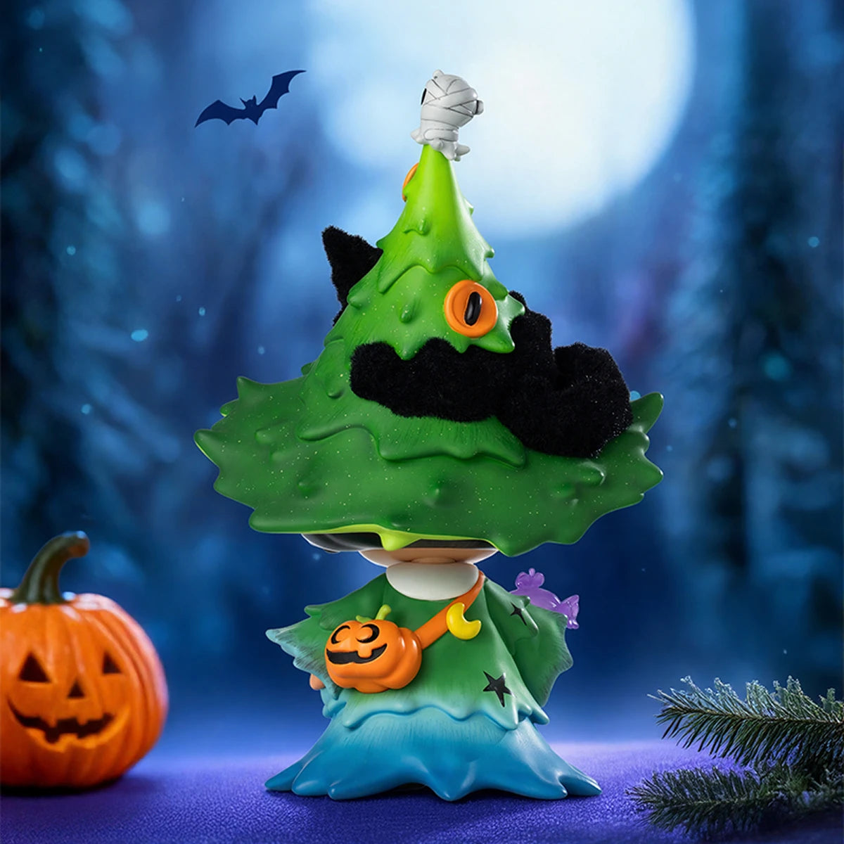 Black cat familiar peering from CiCiLu's tall green witch hat above a pumpkin backpack, Halloween figure