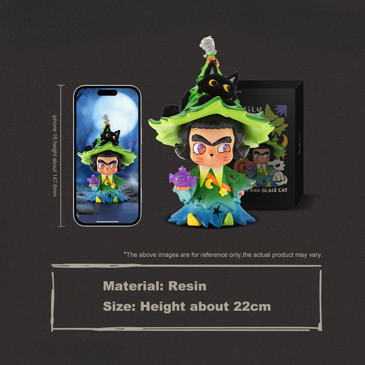 The Witch and Black Cat CiCiLu figure beside its box, resin 22cm Halloween figure