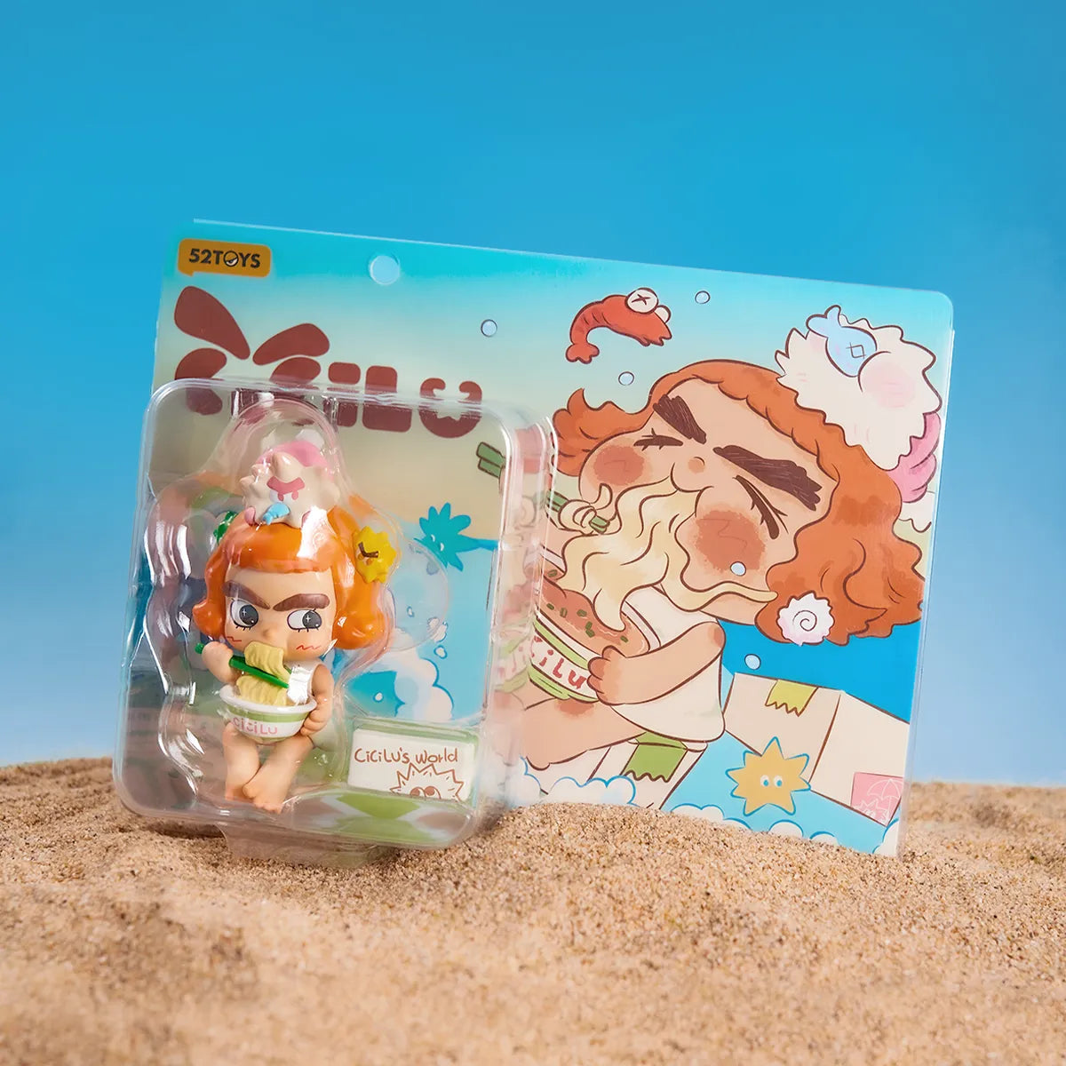 CiCiLu Yummy Ramen figure in blind box packaging on sand, ocean delivery messenger series