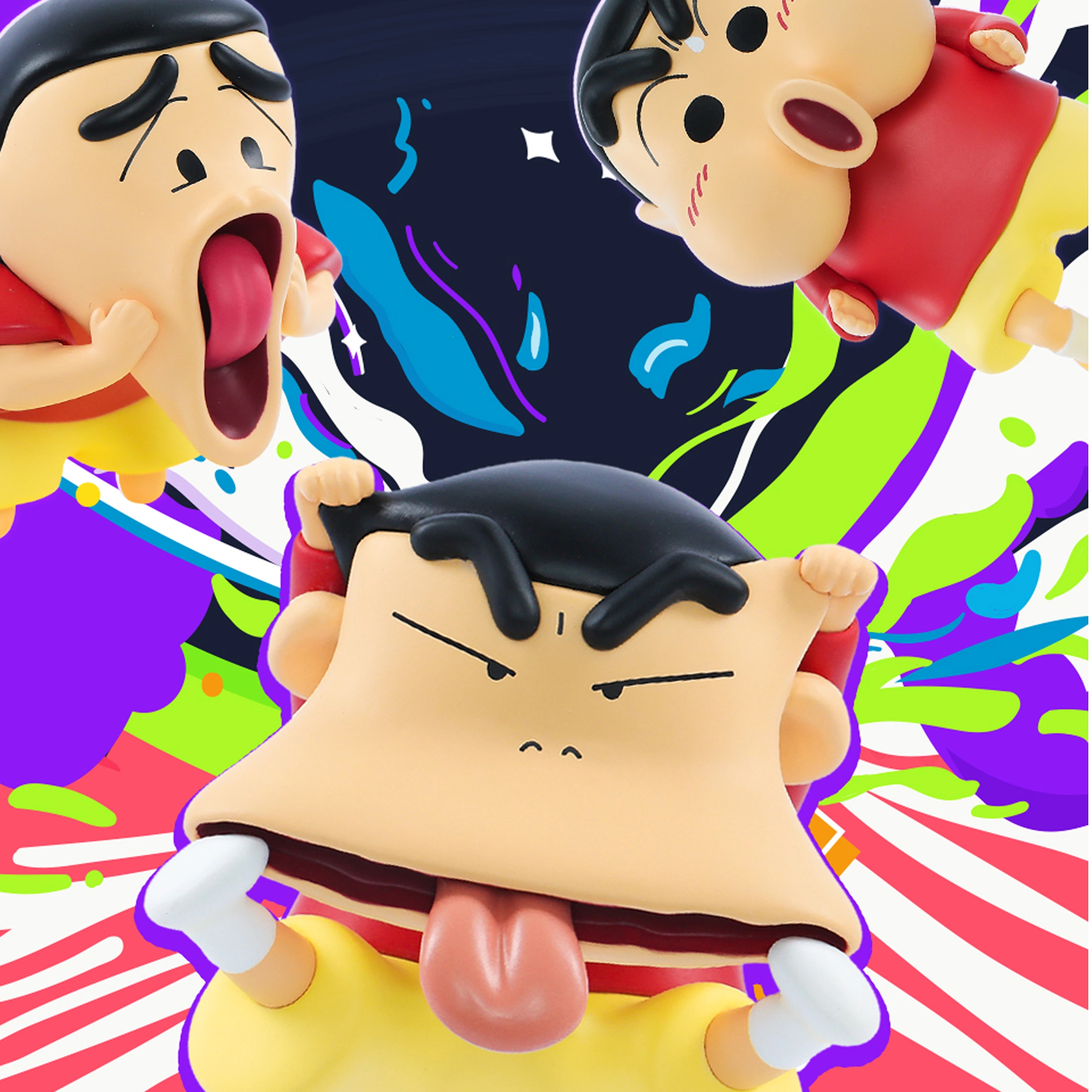 Three Comical Shinchan figures making stretched-face, wide-mouth, and shouting expressions