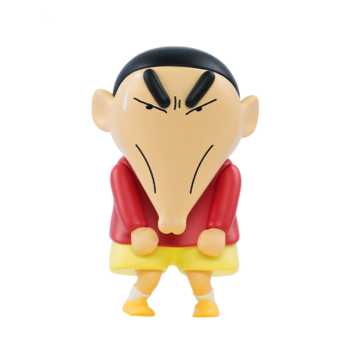 Comical Shinchan Sulking figure with an exaggerated long face and angry eyebrows