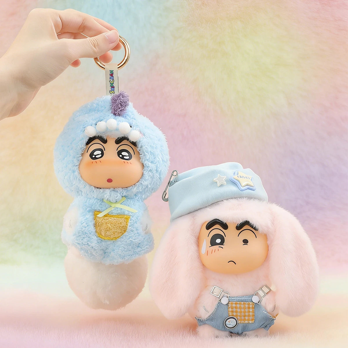 Flitter Mouse and Tumble Bunny Shinchan plush keychains in light blue and pink hoods, Big Tails Series 2