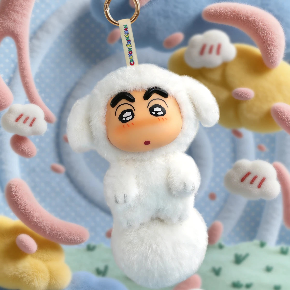 Blushing Sheep plush keychain, Shinchan in a white fluffy sheep hood, Big Tails Series 2