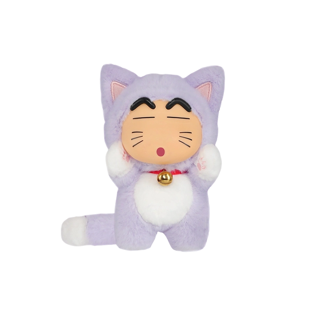 Sleepy Cat: Shin-chan plush in a lavender cat costume with bell collar and long tail, Big Tails by 52TOYS