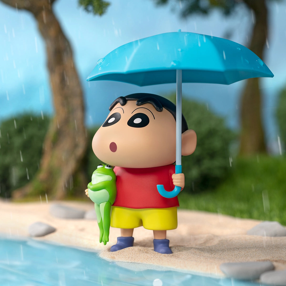 Rainy Day Shin-chan in rain boots holding a blue umbrella and frog raincoat, Daily Life Series 3