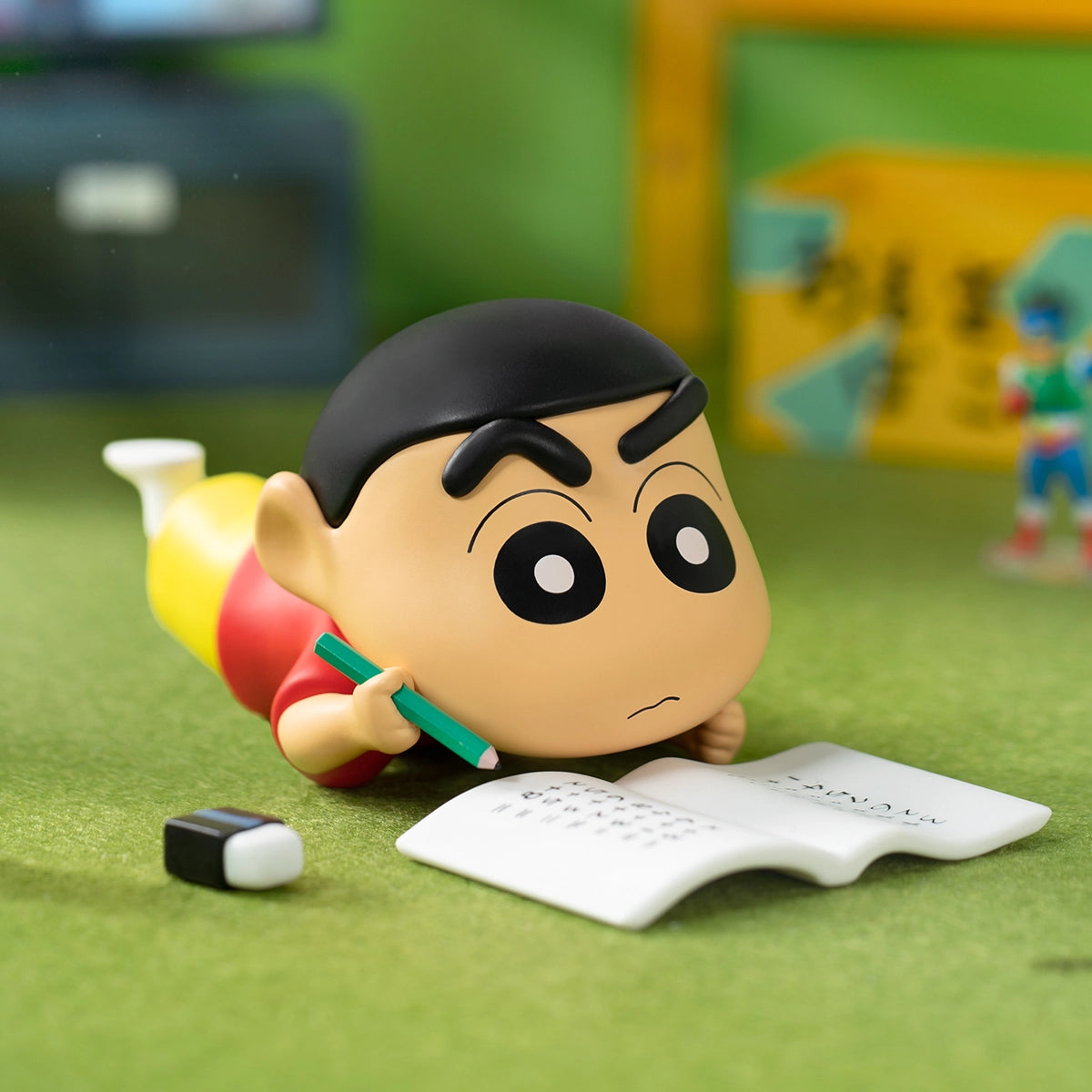 Doing Homework Shin-chan lying down with a green pencil and notebook, Daily Life Series 3