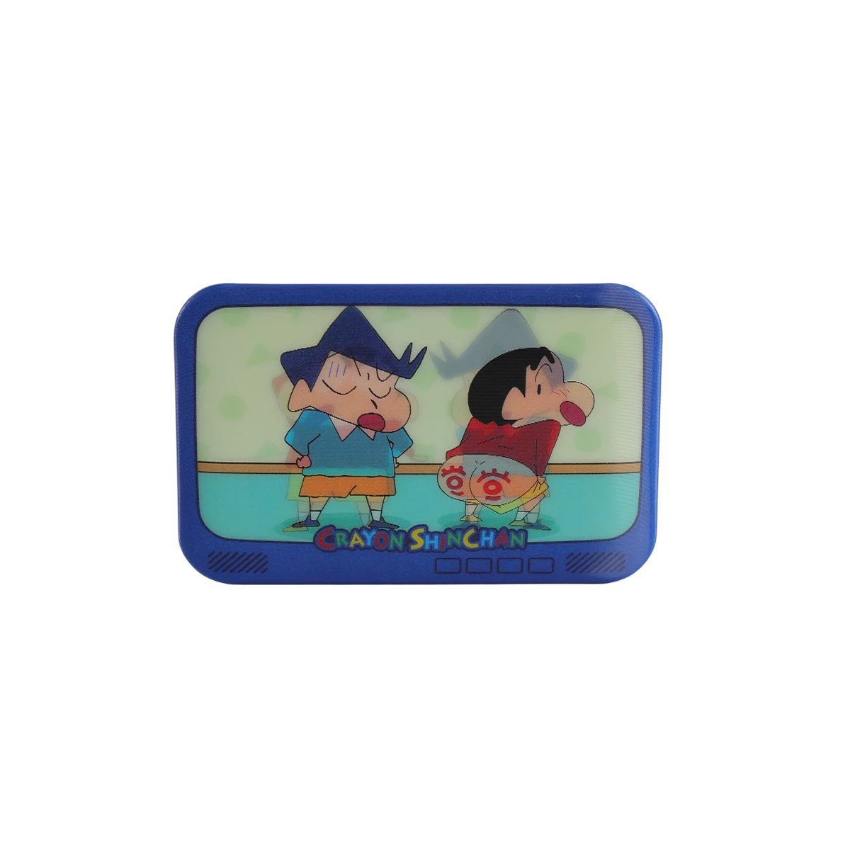 TV-shaped lenticular badge of detective-themed Shin-chan scene from Crayon Shinchan Lenticular Badge Blind Bag