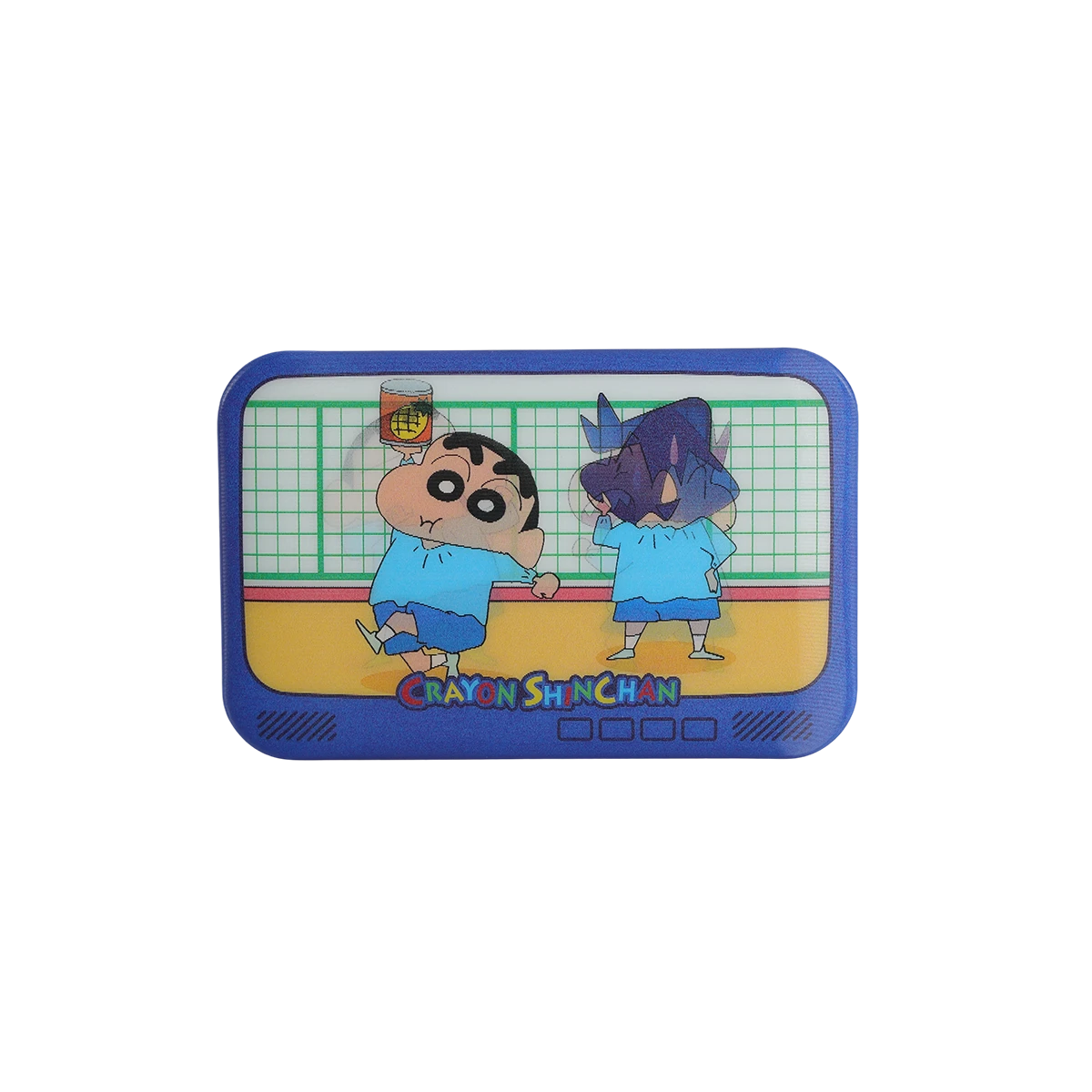 Blue lenticular TV-shaped badge showing two Shinchan figures, Crayon Shinchan Lenticular Badge blind bag