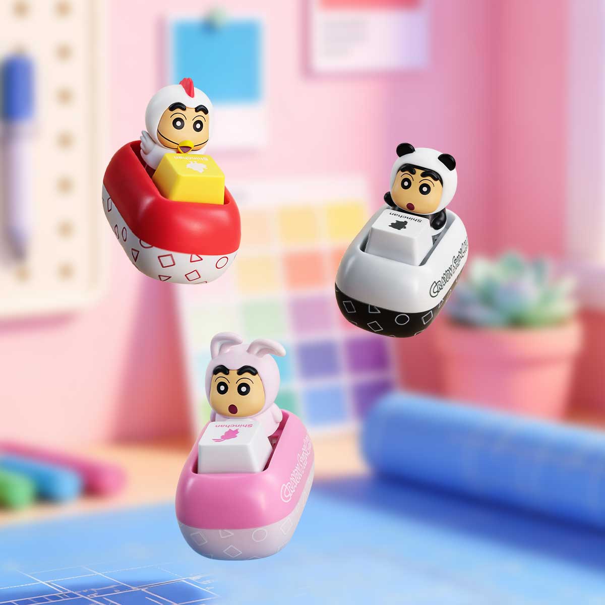 Rooster Shinchan, Panda Shinchan and Bunny Shinchan in keycap car bases floating together, Tap & Relieve Series