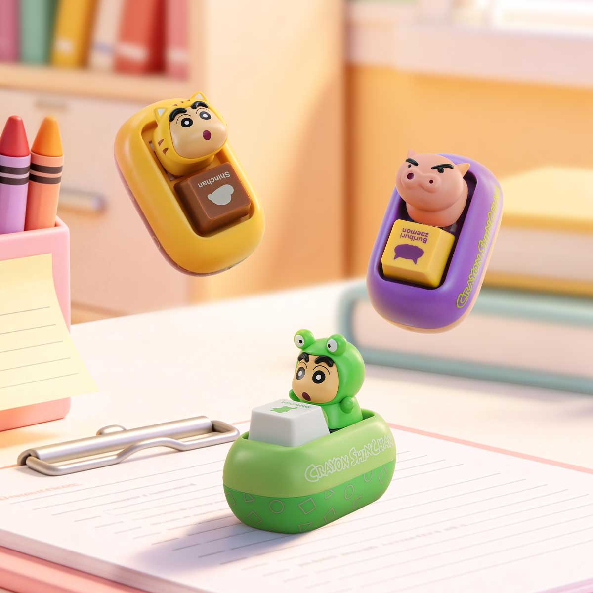 Meow Shinchan, BuriBuriZaemon and Frog Shinchan keycap car figures on a desk, Crayon Shinchan Tap & Relieve Series