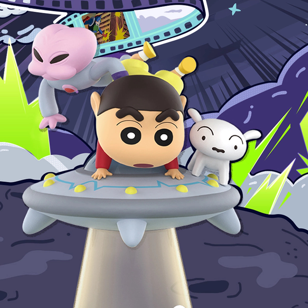 My Bride storm diorama: suited Shin-chan and winged bride on a cloud over a neon city, Classic Movie Moments