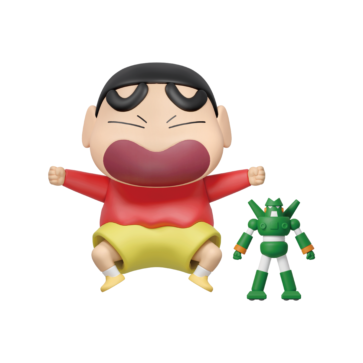 BUY IT FOR ME! Shinchan thrown back mid-tantrum with green hero robot, Crayon Shinchan Shin-Vibes