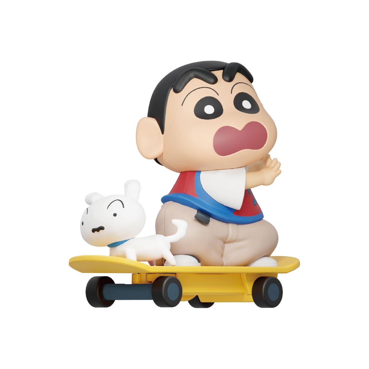 GO, SHIRO! Shinchan on a yellow skateboard with Shiro running alongside, Crayon Shinchan Shin-Vibes
