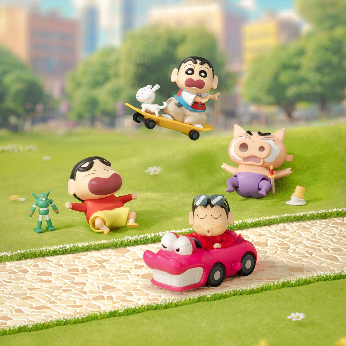 Crayon Shinchan Dynamic Shin-Vibes wind-up figures lounging in a park scene with Shiro and pink croc car