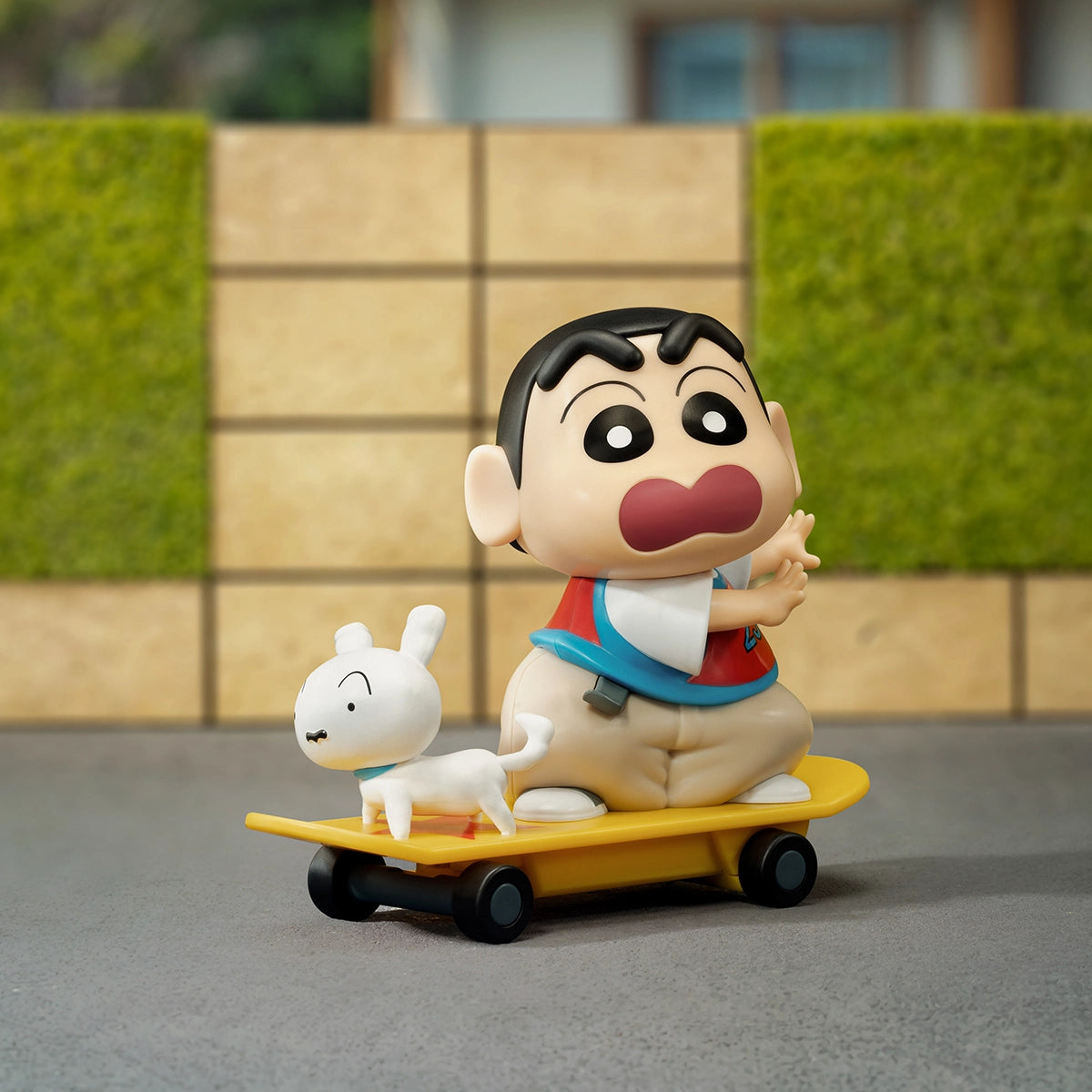 GO, SHIRO! Shinchan riding a yellow skateboard with white dog Shiro, Crayon Shinchan Dynamic Shin-Vibes