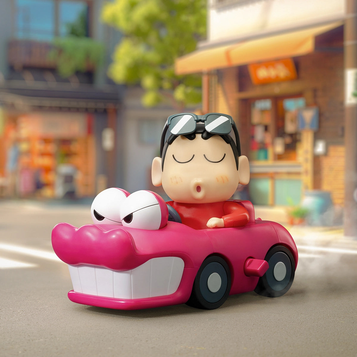 WANNA GO FOR A DRIVE? Shinchan in pink crocodile convertible on a street, Crayon Shinchan Shin-Vibes