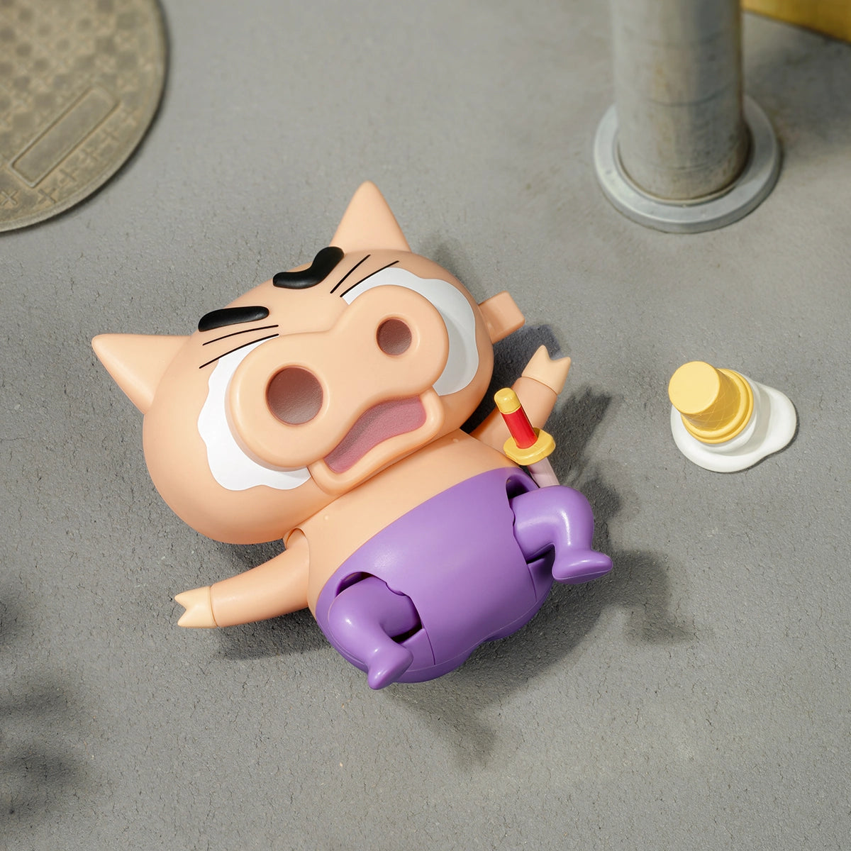 Buriburizaemon pig sprawled crying beside a dropped ice cream, Crayon Shinchan Dynamic Shin-Vibes