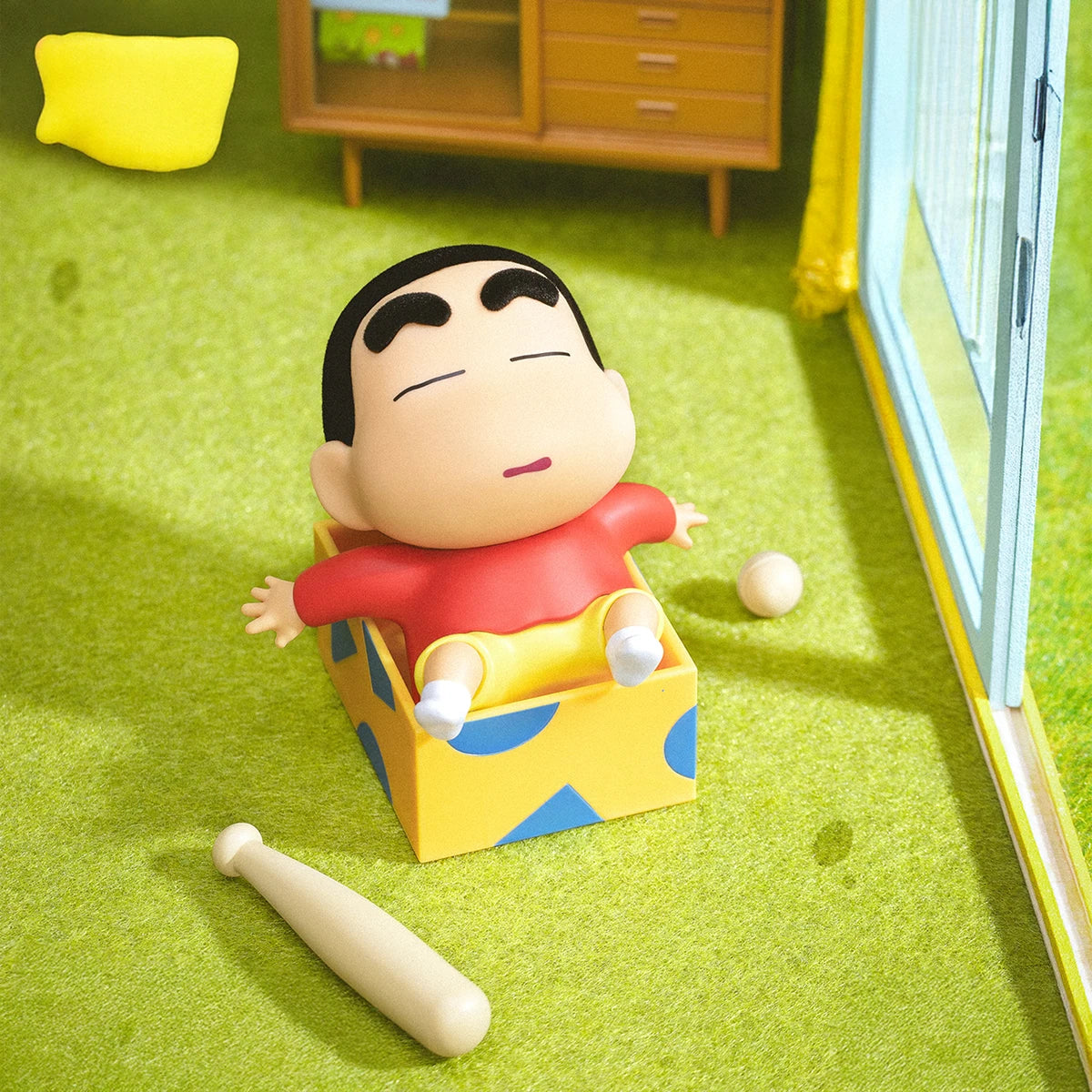Shinchan In Toy Box lounging in a yellow polka-dot box with a bat, Early Potato Head blind box