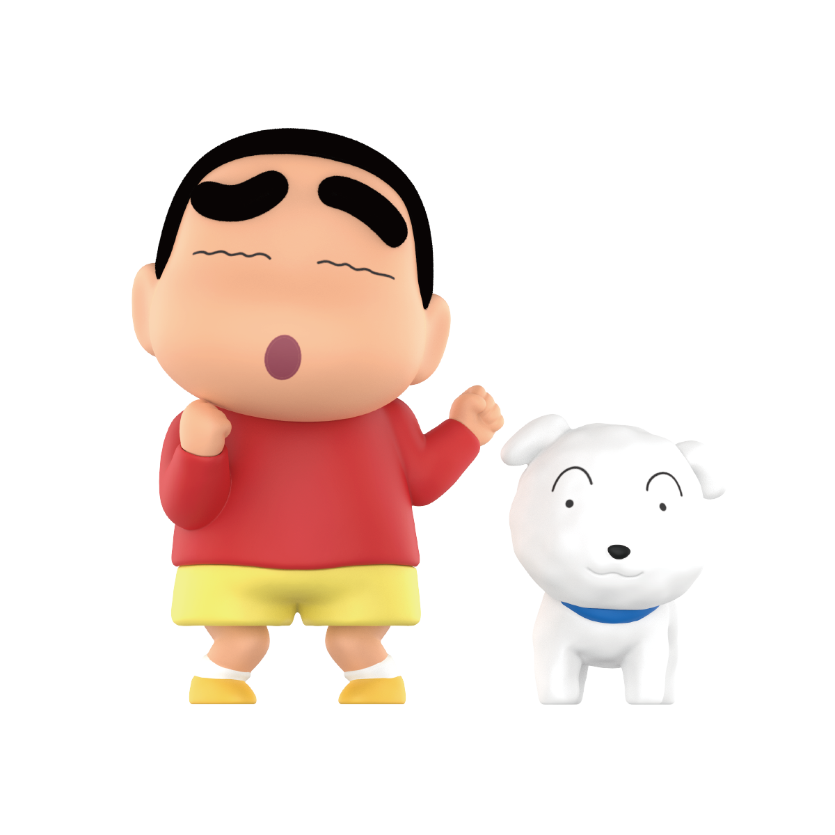 Oops Shinchan with surprised face beside his white dog Shiro, Early Potato Head blind box