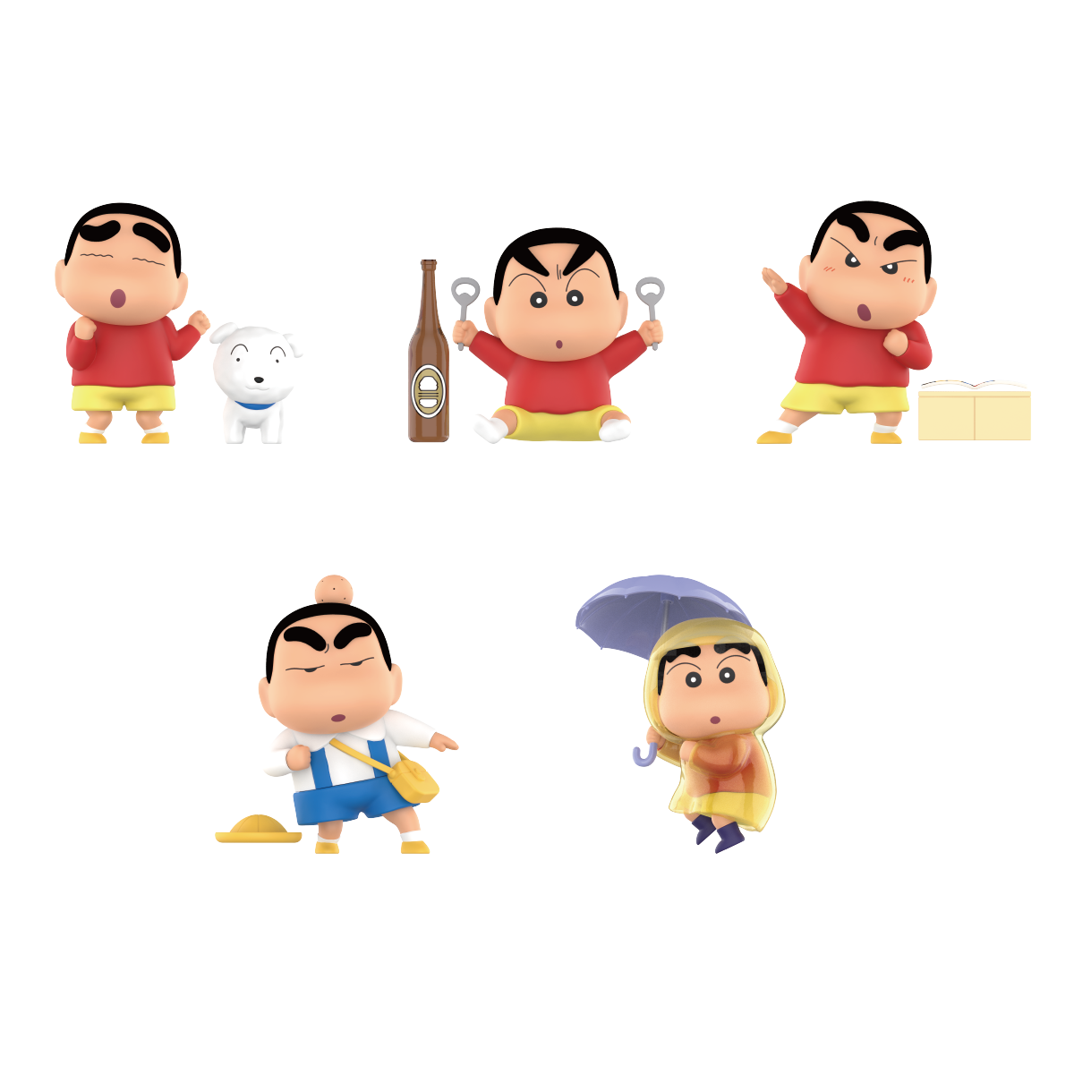 Five Early Potato Head Shinchan figures including dog walk, openers and raincoat, blind box