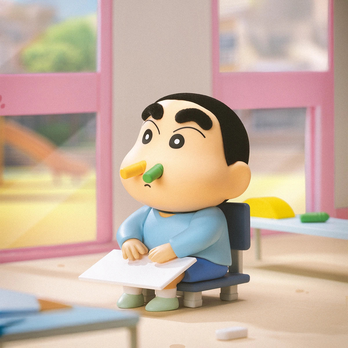 Shinchan With Crayons seated with crayons up his nostrils, deadpan, Early Potato Head blind box