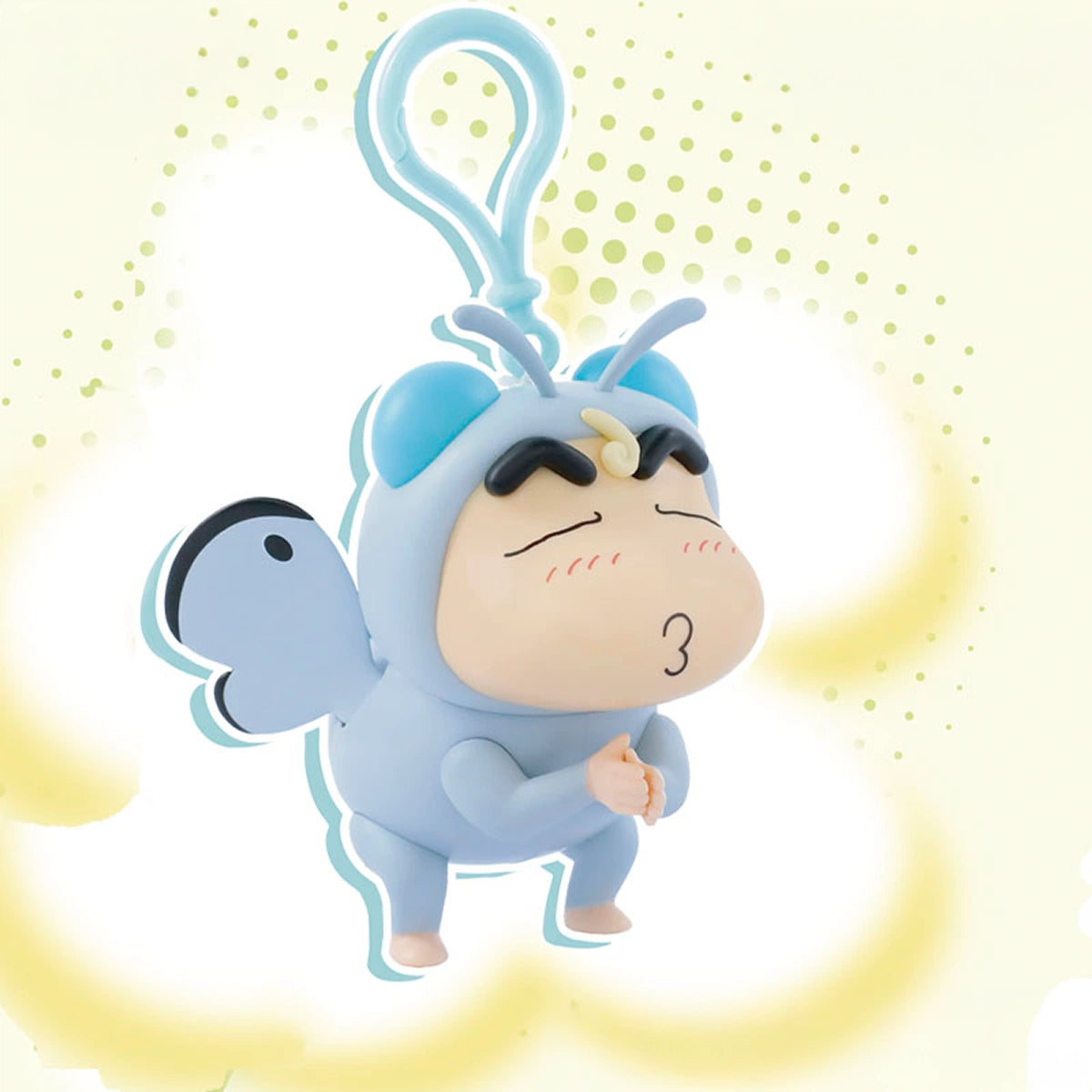 Little Moth Shinchan in blue-grey hood with sleepy eyes and grey wings, Flapping Wings pendant